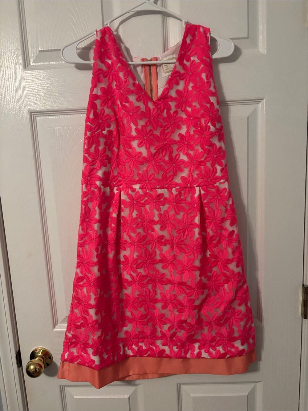 Sail to Sable Neon Pink Floral Lace Overlay Dress with Peach Hem